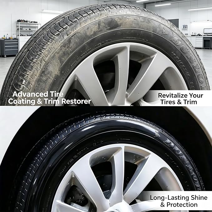 Premium Tire Coating & Trim Restorer, Restores Deep Black Shine with Ceramic Coating, UV Protection for Rubber Plastic Bumpers, Long-Lasting Car Detailing Kit (50ml 2PC)