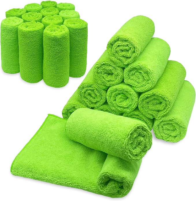 Blue Horizon Microfiber Cleaning Towels, Pack of 24, Ultra Soft Plush Washcloth, All Purpose Premium Microfiber Detailing Cleaning Cloths Reusable Shop Towels (16" x 16", Green)