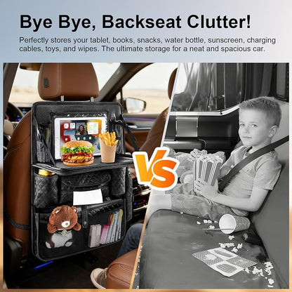Car Seat Organizer with Foldable Table Tray - 11 Storage Pockets PU Leather Backseat Organizer with Tablet Holder, Seat Back Protector Kick Mat for Kids Family Road Trip Accessories (Black)