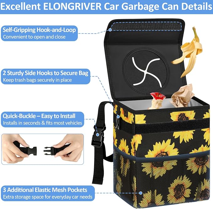 ELONGRIVER Car Trash Can Bin for Back Seat Leak Proof, Cute Car Trash Bag Hanging, Vehicle Trash Can for SUV Truck Van, Automotive Garbage Cans Front Seat Sunflower Floral