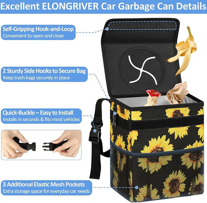 ELONGRIVER Car Trash Can Bin for Back Seat Leak Proof, Cute Car Trash Bag Hanging, Vehicle Trash Can for SUV Truck Van, Automotive Garbage Cans Front Seat Sunflower Floral