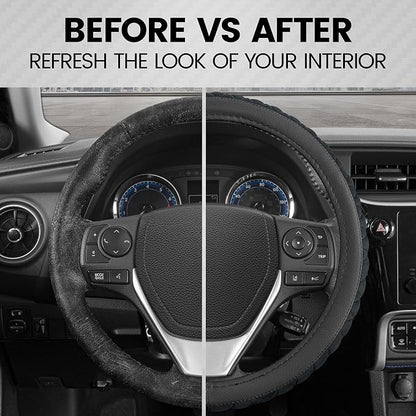 BDK GripTech Plush Fuzzy Steering Wheel Cover for Car Truck Van SUV, Standard 15 inch Size, Soft Black Fluffy Exterior, Comfortable Ergonomic Car Steering Wheel Cover