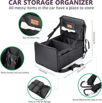 Kids Car Organizer Backseat- Easy-to-Reach Car Organizers and Storage for Back Seat Between Seats with Tissue Box and Side Pockets, Car Travel Accessories for Baby Long Trips with cup Holders