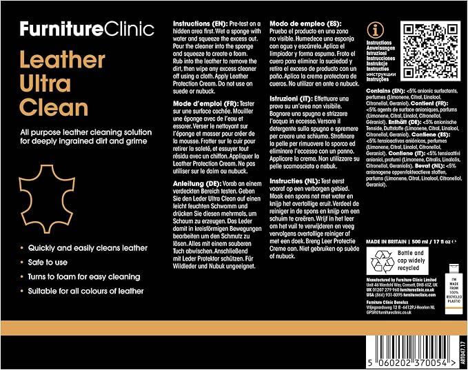 Furniture Clinic Leather Complete Restoration Kit | with Leather Recoloring Balm, Cleaner, 2-in-1 Protection Cream & Conditioner, Sponge, and Cloth | Repair Kit for Furniture (Red)