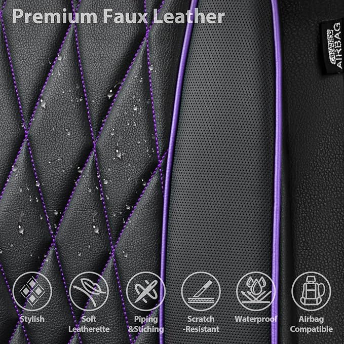 CAR PASS Piping Luxury Faux Leather Two Front Car Seat Covers, Waterproof Anti Slip Premium Automotive Seat Covers,Universal Fit for Suvs,Vans,Trucks, Armrest Airbag Compatible (Black and Purple)