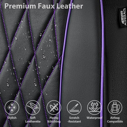 CAR PASS Piping Luxury Faux Leather Two Front Car Seat Covers, Waterproof Anti Slip Premium Automotive Seat Covers,Universal Fit for Suvs,Vans,Trucks, Armrest Airbag Compatible (Black and Purple)