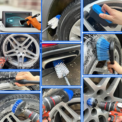 Wheel Brush Kit, Soft Drill Wheel Cleaner Brush, Tire Brush, Detailing Brush, and Detailing Pads, No Scratches Car Wheel Cleaning Kit for Wheels, Tire, Rims, Engines, Exhaust(Blue + White 9 Pk)