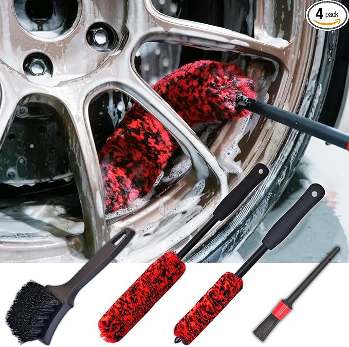 Wheel Brushes for Cleaning Wheels (4 Pro Pack)- 2X Soft Wheel Cleaning Wool Brush, Detailing Brush and Stiff Tire Brush, Scratch Free Durable Car Wheel Rim Brush Kit for Car Rim and Tire Detailing
