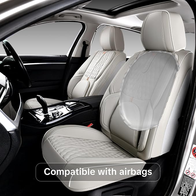 Light Gray Car Seat Covers, Universal Fit for Most Vehicles, Premium Waterproof Leather, Pet-Friendly Car Seat Covers with Lumbar Support, Slip-Resistant, Airbag-Compatible, Protects Car Interior
