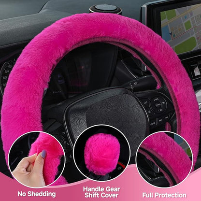 SEG Direct Furry Car Steering Wheel Cover with Gear Shift Cover, Soft and Warm, Cute Fluffy Auto Decor for Women Men, Standard Size, 2 PCS Set, Magenta