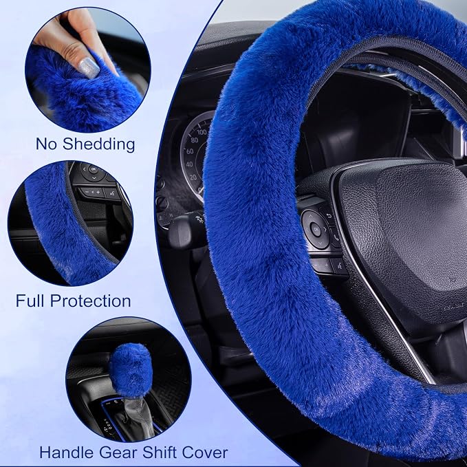 SEG Direct Furry Car Steering Wheel Cover with Fluffy Gear Shift Cover Soft Warm Non-Slip Car Decoration for Men Women Girls 2 PCS Set, Blue