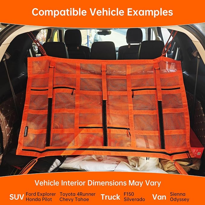 Extra Large Car Ceiling Cargo Net 39.3" x 23.6" for SUV,Truck & Van,Double Layer Roof Storage Organizer with Adhesive Straps,Overhead Mesh Holder for 4 Handle Vehicles,Camping Travel,Orange