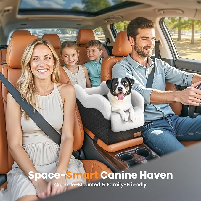 Portable Small Dog Seat for Car, Luxury Center Console Dog Car Seat Booster with Safety Tethers, Anti-Collapse Pet Travel Carseat for SUV, Truck (Black/White)