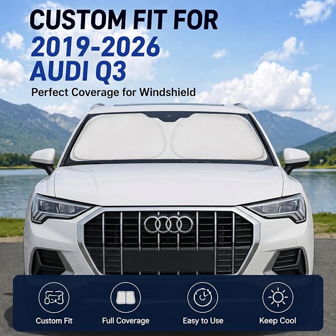 Custom Fit Windshield Sun Shade for Audi Q3 2019-2026 | Custom Fit Windshield Cover, Blocks UV Rays, Double-Layer Heat Shield, Durable Frame, Easy Fold & Storage