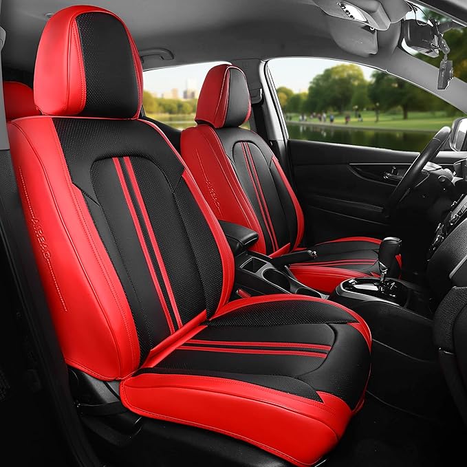 FREESOO Car Seat Covers Full Set, Black Red Waterproof Car Seat Cover, Leather Seat Covers for Trucks, Luxury Car Seat Covers Front Seats and Auto Back, Breathable Car Seat Cushion for Most SUV Cars