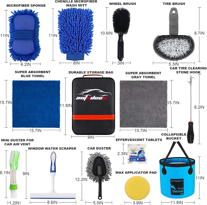 22Pcs Car Wash Cleaning Tools Kit Car Detailing Set with Black Canvas Bag Collapsible Bucket Wash Mitt Sponge Towels Tire Brush Window Scraper Duster Complete Interior Car Care Kit