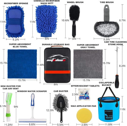 22Pcs Car Wash Cleaning Tools Kit Car Detailing Set with Black Canvas Bag Collapsible Bucket Wash Mitt Sponge Towels Tire Brush Window Scraper Duster Complete Interior Car Care Kit