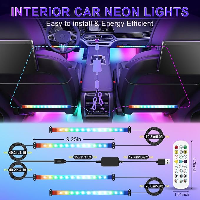 LivTee Smart Car Interior Lights, RGB LED Accent Lights with App Control, DIY Mode, Music Mode, 2-Line Design, Car Accessories for Women