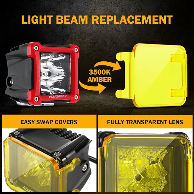 Auxbeam FA Series Amber Light Covers, 3 Inch Square LED Pods Cover, Amber Fog Filter, Yellow Tint Color Lens, Cube Offroad Light Lens Cap, Snap-on Design, 2 Packs