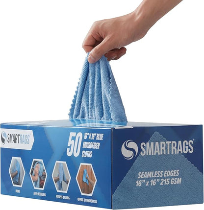 Arkwright Smart Rags Microfiber Cleaning Cloths, Pack of 50 in a Box, Lint Free 215 GSM Reusable Towels for Auto, Office and Household Cleaning, 16 x 16 in, Blue