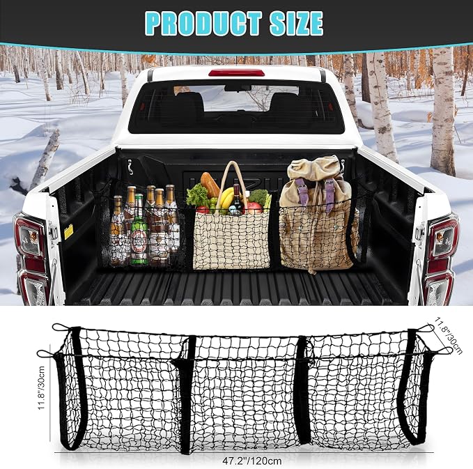 Cargo Net for Car, Expandable 3 Pocket Heavy-Duty Cargo Net Organizer, Black Mesh Storage Pocket with 4 Metal Carabiners Universal for Car, SUV, Pickup Truck, Van Trunk Bed- 47.2” x 11.8”