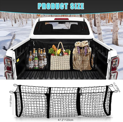 Cargo Net for Car, Expandable 3 Pocket Heavy-Duty Cargo Net Organizer, Black Mesh Storage Pocket with 4 Metal Carabiners Universal for Car, SUV, Pickup Truck, Van Trunk Bed- 47.2” x 11.8”