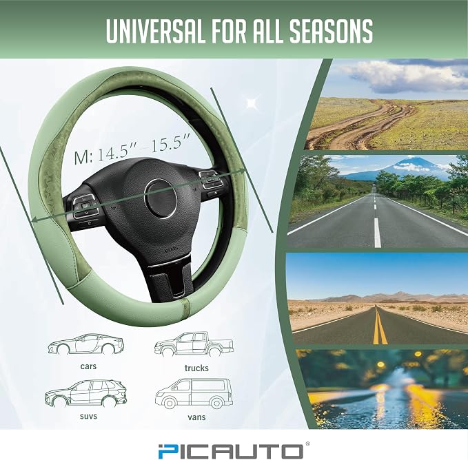 PIC AUTO Steering Wheel Cover, Green Patterned Leather Patchwork Design, Universal Fit 14.5"–15.5", Anti-Slip, Odor-Free, Soft PU Grain Leather, Durable Grip Car Accessory for Girls & Women