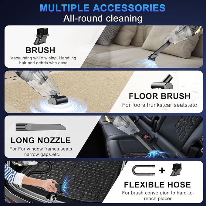 Rechargeable Cordless Handheld Vacuum Cleaner, Lightweight Portable Mini Hand Vac with 16000Pa Suction & LED Light for Car Interior,Home,Pet Hair, Hard-to-Reach Corners Cleaning