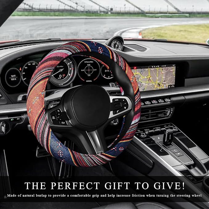 Boho Car Steering Wheel Cover, Ethnic Style Anti-Slip Coarse Flax Cloth Auto Wheel Cover, Bohemian Steering Wheel Protector for Most SUVs Vans Trucks, Car Accessories (Style C)
