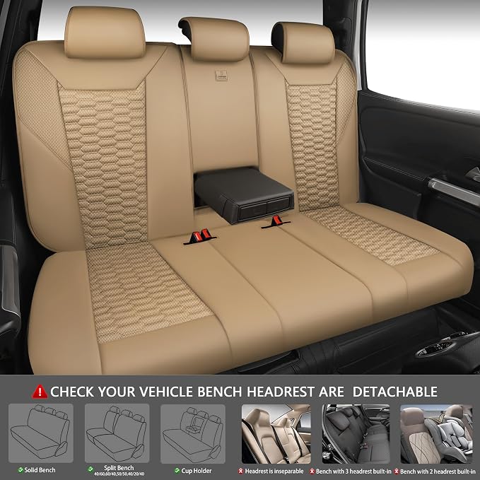 CAR PASS 3D Foam Mesh Leather Car Seat Covers Full Set, Tan Breathable Mesh Faux Leather Seat Covers for Car, Universal Fit for SUV Truck Sedan Automotive, Armrest Airbag Compatible, All Beige