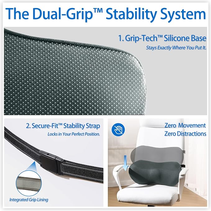 Lumbar Support Pillow for Car with Dual-Grip Stability System - Advanced Adaptive Memory Foam Back Pillow for Lower Back Pain Relief, Ergonomic Driving Seat & Office Chair Cushion, Gray