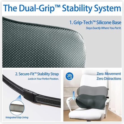 Lumbar Support Pillow for Car with Dual-Grip Stability System - Advanced Adaptive Memory Foam Back Pillow for Lower Back Pain Relief, Ergonomic Driving Seat & Office Chair Cushion, Gray
