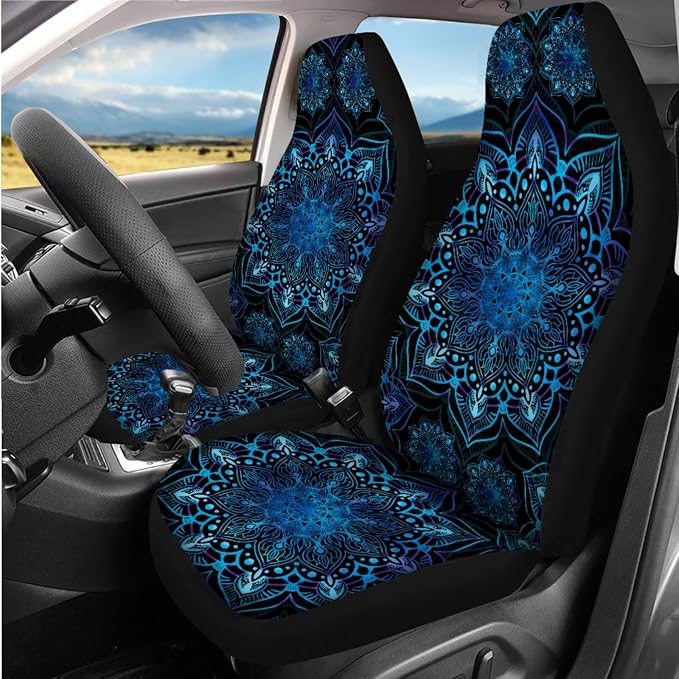 14 Pcs Blue Mandala Car Seat Covers Full Set with Steering Wheel Cover Armrest Cushion Head Rest Protector Seat Belt Covers, Retro Auto Interior Accessories Universal Fit Cars SUV Trucks