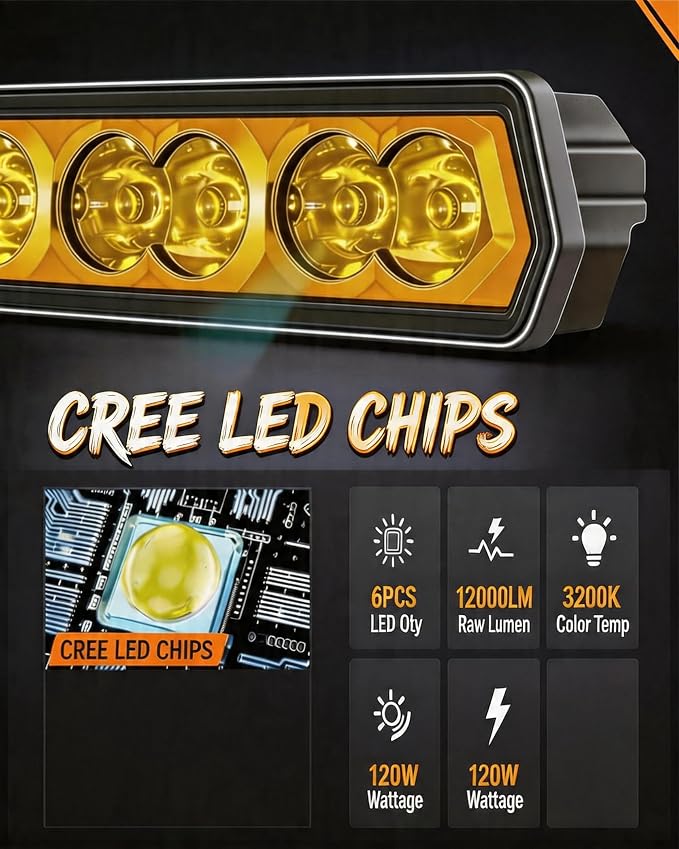 Yellow LED Light Bar 6 Inch 120W Driving Lights Backup Lighting LED Pods | 2PCS 120W Bumper Lights 30° Spot Beam Off Road Fog Lights for Truck SUV ATV UTV, IP68 Waterproof, DT Wiring Harness