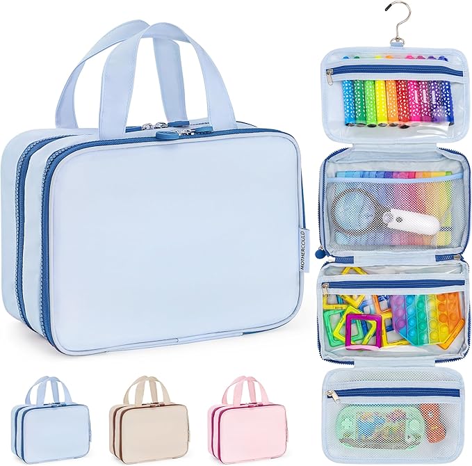 Kids Travel Organizer – Multi-Compartment, Water-Resistant Hanging Bag for Toys, Snacks, & Activities - Compact, Lightweight Design with Hook & Carry Handle - Perfect for Travel Use (Blue, Small)
