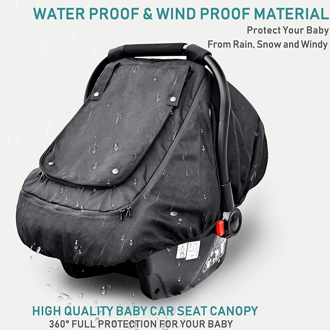 Waterproof Baby Car Seat Cover，YVMVDV Patented Cold Weather Carseat Cover for Babies,Infant Car Seat Cover Canopy for Boy Girls,Windproof Car Seat Canopy, Keeps Babies Warm and Cozy Black