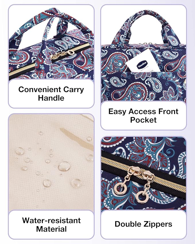 BAGSMART Toiletry Bag Travel Bag with Hanging Hook, Water-resistant Makeup Cosmetic Bag Travel Organizer for Accessories, Shampoo, Full-size Container, Toiletries (Red Paisley, Large)