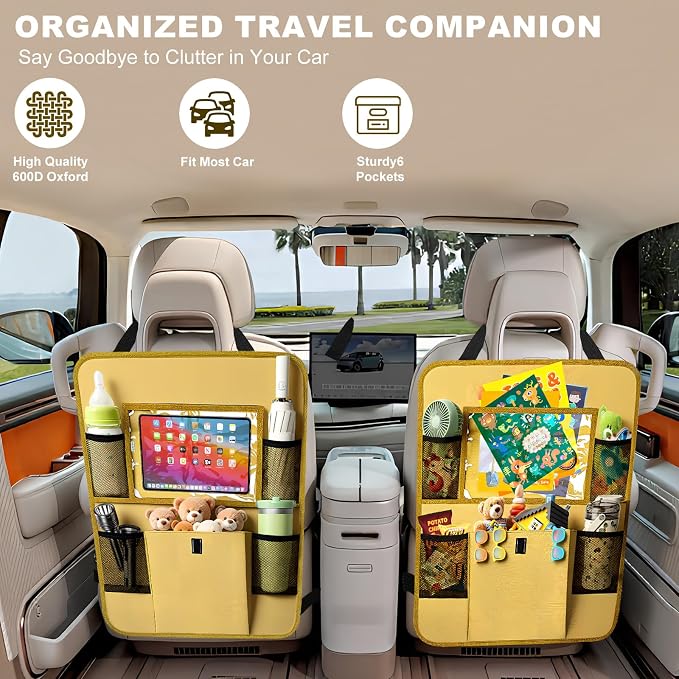 Car Backseat Organizer with Tablet Holder, 6 Storage Pockets Seat Back Protectors Kick Mats for Kids, Car Seat Protector for Road Trips 2 Pack (Beige)