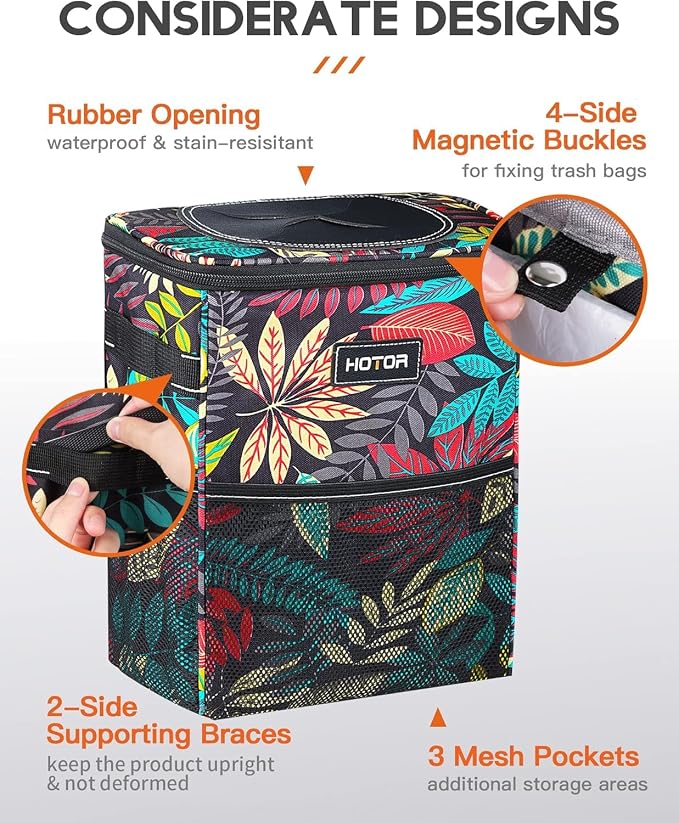 HOTOR Car Trash Can with Lid and Storage Pockets - 100% Leak-Proof Organizer, Waterproof Garbage Can, Multipurpose Trash Bin for Car, 2 Gallons, Autumn Leaves