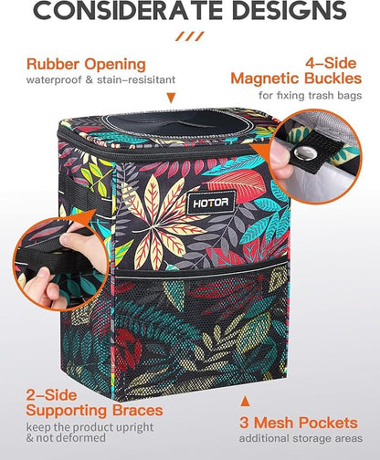 HOTOR Car Trash Can with Lid and Storage Pockets - 100% Leak-Proof Organizer, Waterproof Garbage Can, Multipurpose Trash Bin for Car, 2 Gallons, Autumn Leaves