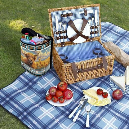 Talayituse Aztec Highland Cattle American Tribal Print Car Trash Can, Auto Garbage Bin with Adjustable Straps, Foldable Car Trash Bin Hanging Storage Organizer Bag Container for Camping Picnic