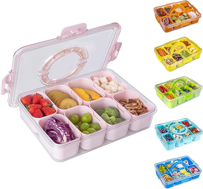 WACOI Divided Snack Serving Tray with Lid and Handle Travel Snackle Charcuterie Container Portable Storage Organizer for Candy, Fruits, Nuts, Snacks, Party, Picnic (1pack, Pink)