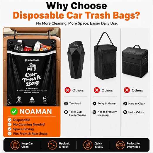 Noaman 50PCS 1 Pack Car Trash Bags, 2.5 Gal Disposable Garbage Bags for Car, SUV, Truck and RV, Leak-Resistant Odor-Control Bags, Stick-On or Headrest Mount, Alternative to Car Trash Can, Black