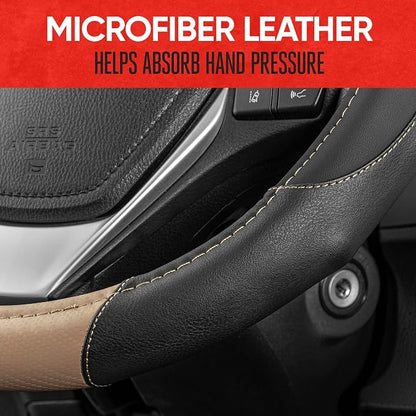 Motor Trend GripDrive Carbon Fiber Steering Wheel Cover, Non-Slip Sporty Racing Faux Leather Ergonomic Comfortable Handle, Steering Wheel Cover for Cars Trucks Vans SUV - Fits Standard 15 Inch - Beige