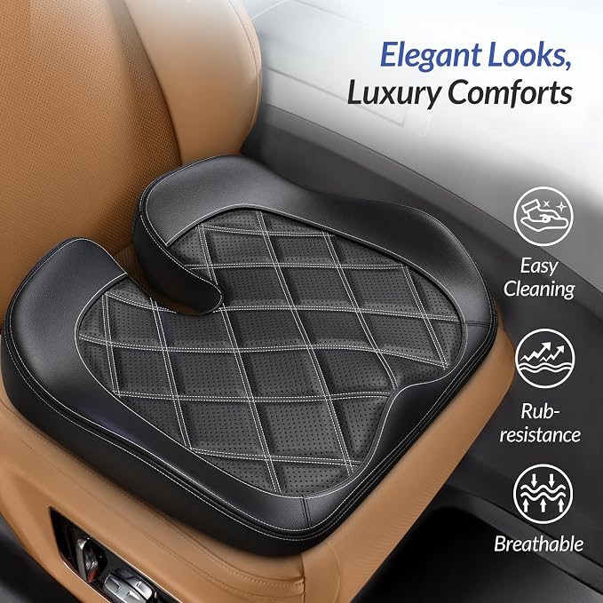 ZIKEE Leather Car Seat Cushion for Driving Relieves Tailbone & Thigh Pain, Ergonomic Dual Memory Foam Seat Cushion for Car, Raised Back for Wider Vision, Rub-Resistant & Easy-to-Clean Cover, Non-Slip