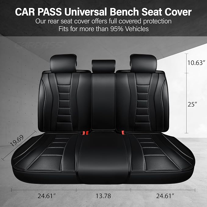 CAR PASS Nappa Leather Back Seat Covers, Universal FIT Piping Leather Rear Seat Cover for Cars,Sedan,SUV,Truck 3D Foam Waterproof Breathable Luxury Seat Covers, Comfort Durable Airbag Compatible Black