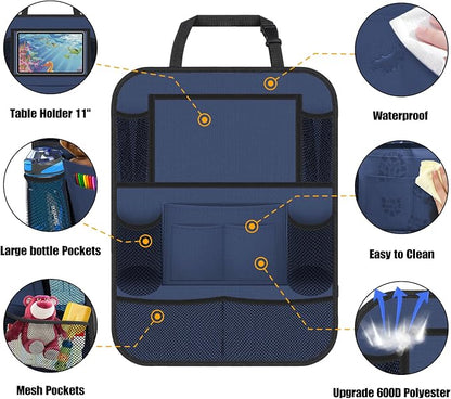 ULEEKA Car Backseat Organizer with 11" Table Holder, 10 Storage Pockets Seat Back Protectors Kick Mats for Kids Toddlers, Travel Accessories, 2 Pack, Blue