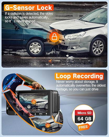 WECOOL 4K UHD 3 Channel Dash Cam Front and Rear Inside, Free 64GB Card Included, 360° Wide-Angle Full-View Dash Camera for Cars with Night Vision, 24H Parking Mode, G-Sensor, Loop Recording, 5GHz WiFi