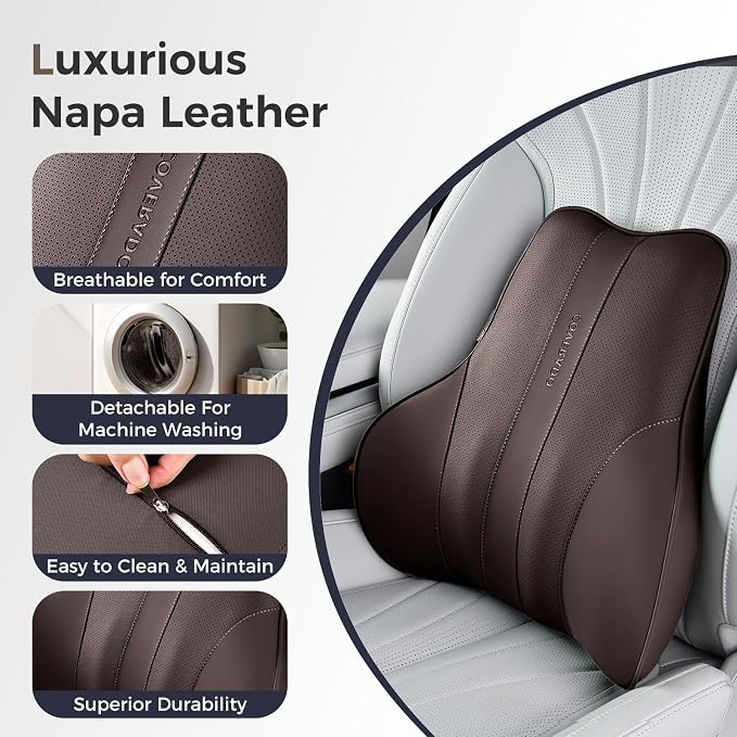 Coverado Lumbar Support Pillow for Car, Ergonomic Memory Foam Back Pillow for Office Chair, New Back Cushion for Pain Relief, PU Leather Car Lumbar Support for Driving Seat