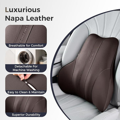 Coverado Lumbar Support Pillow for Car, Ergonomic Memory Foam Back Pillow for Office Chair, New Back Cushion for Pain Relief, PU Leather Car Lumbar Support for Driving Seat